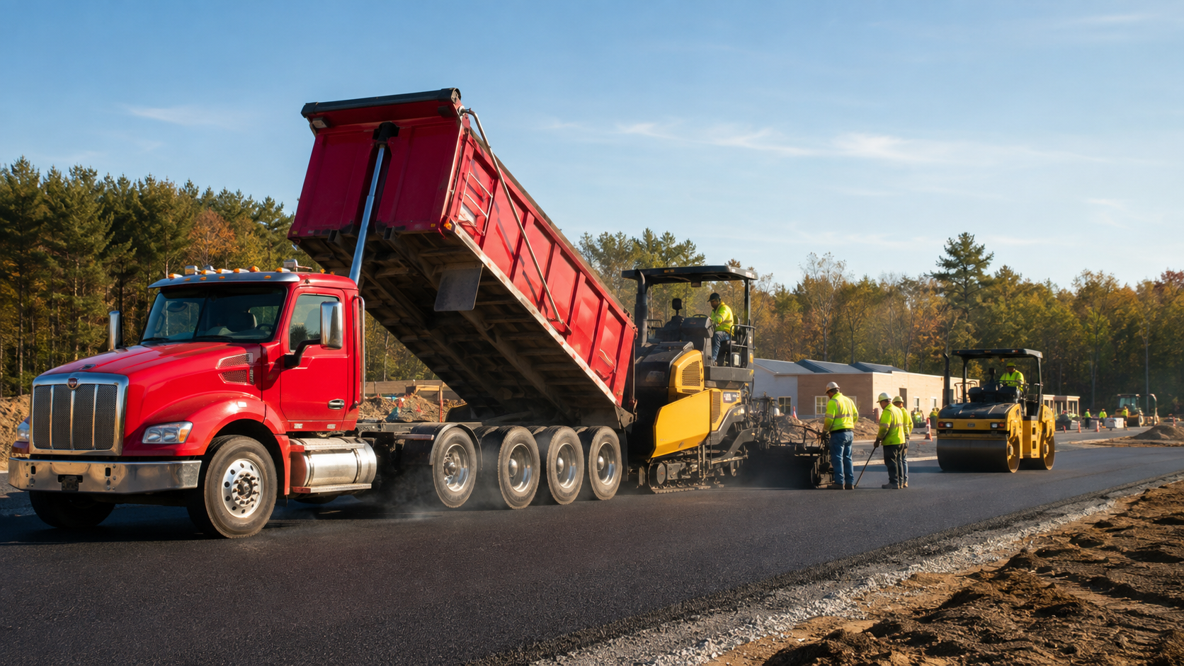 North American asphalt paver placing pavement with a conventional-cab dump truck