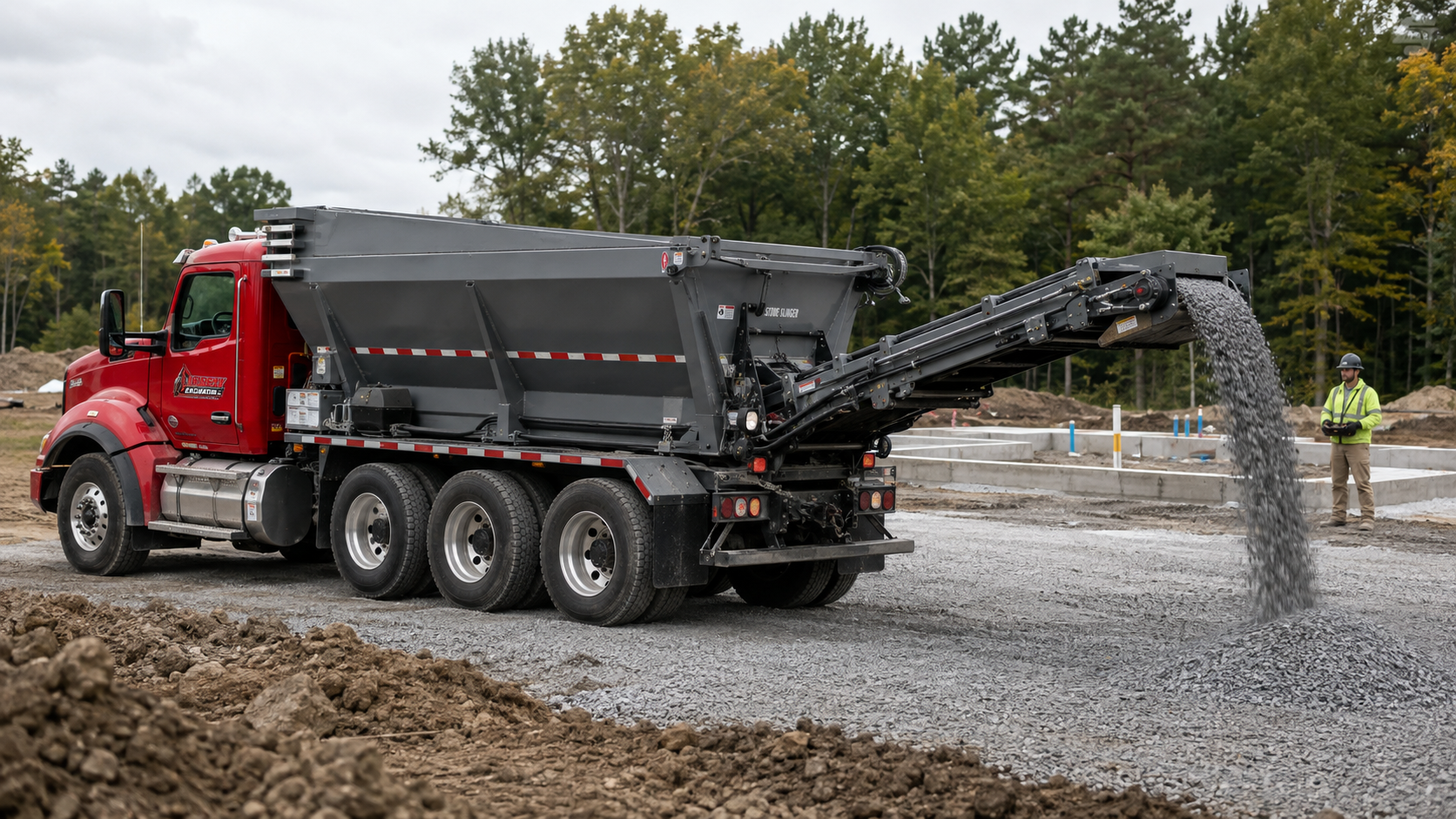Conventional-cab stone slinger truck placing aggregate
